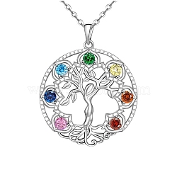 Micro Pave Cubic Zirconia Pendant Necklaces, Tree of Life with Yoga Chakra Healing, Platinum, Colorful, 20.08~23.62 inch(51~60cm)(PW-WGAEE13-01)