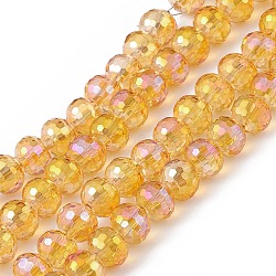 Transparent Electroplate Glass Beads Strands, Faceted(96 Facets), Round, Half Rainbow Plated, Orange, 7.5~8x7mm, Hole: 1.2mm, about 70~72pcs/strand, 20.08~20.47 inch(51~52cm)(EGLA-F151-HR03)