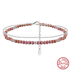 925 Sterling Silver Anklets, Round Lepidolite Beads Anklets, Real Platinum Plated, 8-3/8 inch(21.3cm)(AJEW-Z029-26P)