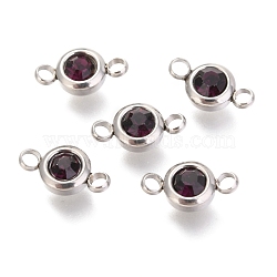 304 Stainless Steel Rhinestone Links Connectors, Flat Round, Stainless Steel Color, Amethyst, 12x6.5x4mm, Hole: 2mm(STAS-P237-17P-09)
