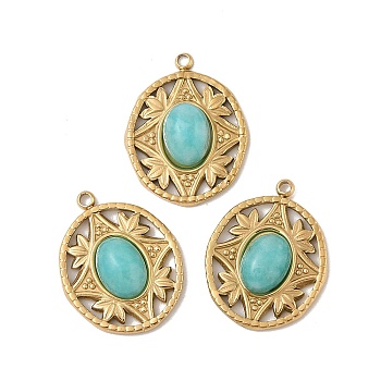 304 Stainless Steel Pave Natural Amazonite Pendants, Oval Charms, Real 18K Gold Plated, PVD Vacuum Plating, 20x16x4.5mm, Hole: 1.4mm