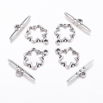 Alloy Toggle Clasps, Nickel Free, Lead Free and Cadmium Free, Antique Silver, Flower: 19x15x1.5mm, hole: 2mm. Bar: 24x6x4mm, hole: 2mm.