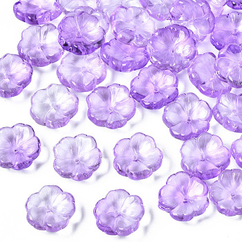 Transparent Spray Painted Glass Beads, with Glitter Powder, Two Tone, Flower, Lilac, 15x15x6mm, Hole: 1.2mm