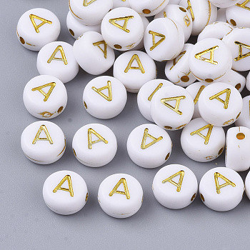 Plating Acrylic Beads, Golden Metal Enlaced, Horizontal Hole, Flat Round with Alphabet, White, Letter.A, 7x3.5mm, Hole: 1.2mm, about 3600pcs/500g