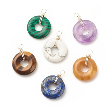 Natural & Synthetic Gemstone Pendants, Twisted with Silver Tone Copper Wire, Flat Round/Disc, 23.5~25x17.5~18x5mm, Hole: 2.6~3mm