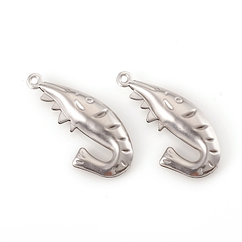 304 Stainless Steel Pendants, Shrimp, Stainless Steel Color, 27.5x13x4mm, Hole: 1.2mm