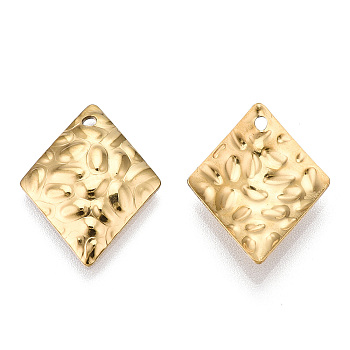 Ion Plating(IP) 304 Stainless Steel Pendants, Textured, Rhombus Charm, Real 18K Gold Plated, 19x15x2.5mm, Hole: 1.2mm