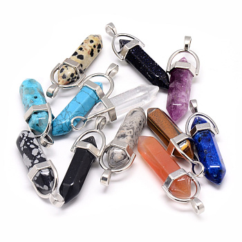 Natural & Synthetic Mixed Stone Double Terminated Pointed Pendants, with Brass Findings, Bullet, Platinum, 40~43x13x10mm, Hole: 4x5mm