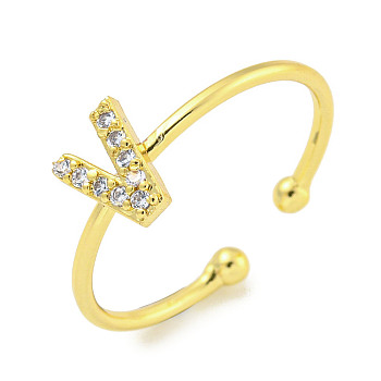 Rack Plating Brass Open Cuff Rings for Women, with Cubic Zirconia, Cadmium Free & Lead Free, Long-Lasting Plated, Letter, Letter V, Inner Diameter: 17.5mm, Letter: 7.5x6.8mm