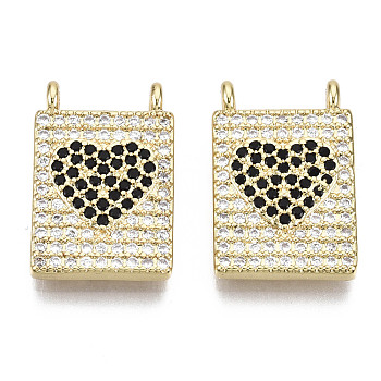 Brass Micro Pave Cubic Zirconia Pendants, Nickel Free, Rectangle with Heart, Real 16K Gold Plated, Black, 17x11x2.5mm, Hole: 1mm