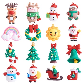 16Pcs 16 Style Christmas PVC Plastic Big Pendants, Elk & Snowman with Gift & Candy Cane, Mixed Color, 40~64.5x33~52.5x11.5~24mm, Hole: 2.5~3mm, 1pc/style