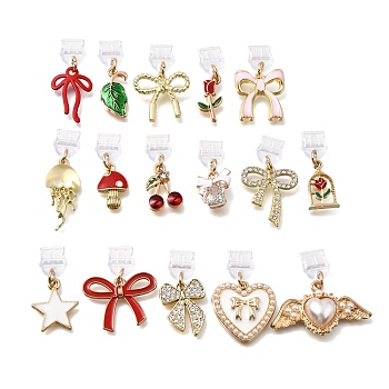 16Pcs PVC Mobile Dustproof Plugs, with Alloy Enamel Pendants, Golden, Mixed Shapes, Mixed Color, 27~38mm