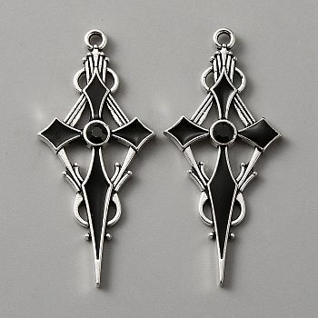 Jet Rhinestone Cross Pendatn with Black Enamel, Alloy Pendant, Antique Silver, 47.5x21.5x4mm, Hole: 1.8mm