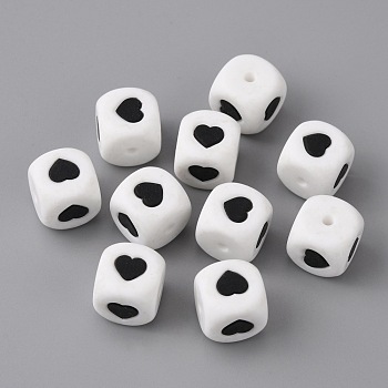 Food Grade Eco-Friendly Silicone Beads, Cube with Heart, White, Black, 12x12x12mm, Hole: 3mm