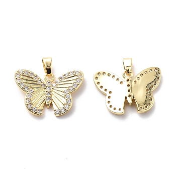 Brass Cubic Zirconia Pendants, Butterfly Charm, Real 18K Gold Plated, Clear, 15x21x3.5mm, Hole: 2.5x4.5mm