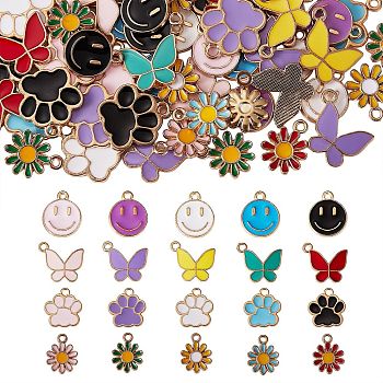80Pcs 20 Style Alloy Enamel Pendants, ButterFly & Paw Print & Flower & Flat Round with Smiling Face, Mixed Color, 14~17.5x12~17x1.5~2mm, Hole: 1.5~2mm, 4pcs/style