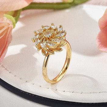 Rotatable Finger Rings for Women, Brass Micro Pave Clear Cubic Zirconia Fidget Spinner Rings, Flower, Inner Diameter: 17.5mm, flower: 15x15mm