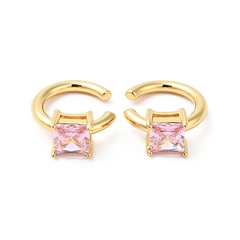 Cubic Zirconia Square Open Cuff Earrings, Real 18K Gold Plated Brass Jewelry for Women, Cadmium Free & Nickel Free & Lead Free, Pearl Pink, 15x18x7mm