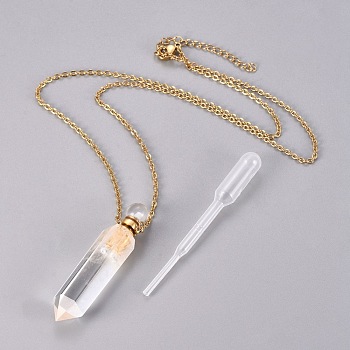 Natural Quartz Crystal Openable Perfume Bottle Pendant Necklaces, with Stainless Steel Cable Chain and Plastic Dropper, Bullet, Golden, 19.21 inch(50.6cm), Bottle Capacity: 0.15~0.3ml(0.005~0.01 fl. oz), 2mm
