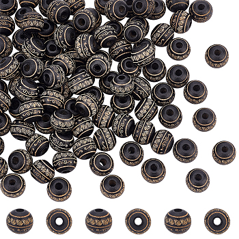 100Pcs Painted Natural Wood Beads, Round with Laser Engraved Leaf Pattern, Black, 10x9mm, Hole: 2.5mm