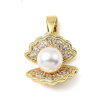 Brass Micro Pave Clear Cubic Zirconia Charms, with Plastic Pearl, Shell Shape Charms, Golden, 14x12x7.5mm, Hole: 4x2mm