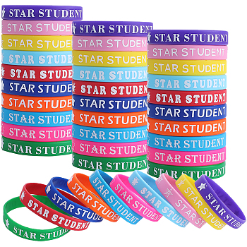 40Pcs 10 Colors Word Star Student Silicone Cord Bracelets Set Wristband, Mixed Color, Inner Diameter: 2-1/2 inch(6.3cm), 4Pcs/color
