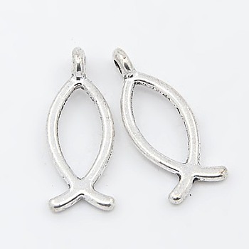 Tibetan Style Alloy Pendants, For Easter, Lead Free & Cadmium Free & Nickel Free, Jesus Fish/Christian Ichthys Ichthus, Antique Silver, about 8mm wide, 20mm long, hole: 2mm