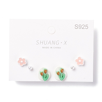 Tulip & Sakura & Round Resin Enamel Stud Earrings Set for Girl Women, with 925 Sterling Silver Plated Pins, Mixed Color, 4~13.5x4~11.5x2.5~4.5mm, Pin: 0.7mm, 3 pairs/set