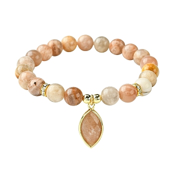 Natural Sunstone Stretch Bracelets, with Horse Eye Charms, Inner Diameter: 2-1/8 inch(5.35cm)