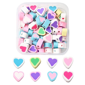 65Pcs Handmade Polymer Clay Beads, Heart, Mixed Color, 8~9.5x9~10x5mm, Hole: 2mm