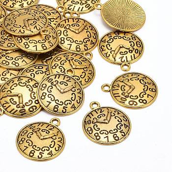 Tibetan Style Alloy Pendants, Cadmium Free & Lead Free, Clock, Antique Golden, 22x18x2mm, Hole: 2mm