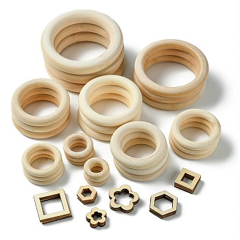 45Pcs 15 Styles Unfinished Wood Linking Rings, Wooden Macr Original Color Wooden Ring, Bleach, Mixed Shapes, PapayaWhip, 17~88x19.5~88x2.5~15mm, Inner diameter: 5~59.5mm, 3pcs/style
