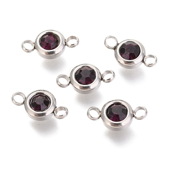 304 Stainless Steel Rhinestone Links Connectors, Flat Round, Stainless Steel Color, Amethyst, 12x6.5x4mm, Hole: 2mm