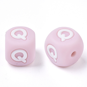 Food Grade Eco-Friendly Silicone Beads, Horizontal Hole, Chewing Beads For Teethers, DIY Nursing Necklaces Making, Letter Style, Cube, Pink, Letter.Q, 10x10x10mm, Hole: 2mm