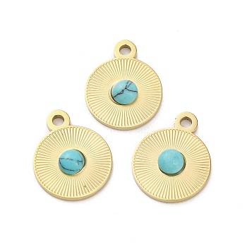 Real 14K Gold Plated 304 Stainless Steel Pave Synthetic Turquoise Pendants, Flat Round Charms, 15x12x3mm, Hole: 1.6mm