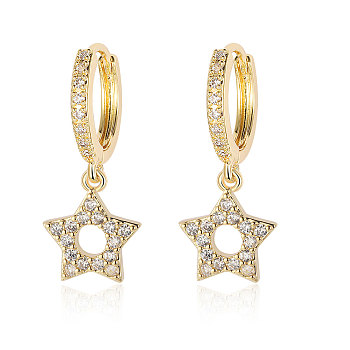 Clear Cubic Zirconia Star Dangle Hoop Earrings, Brass Earrings, Real 18K Gold Plated, 28x10mm