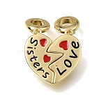 Brass Enamel European Dangle Charms, Sisters Love Heart Split Large Hole Pendants with Magnetic, Lead Free & Cadmium Free, Long-Lasting Plated, Rack Plating, Red and Black, Real 18K Gold Plated, 35.5mm, Hole: 5.5mm(KK-E802-07G)