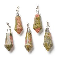 Natural Unakite Pendants, with Silver Brass Findings, Faceted, Bullet, 40x12x11mm, Hole: 7x5mm(G-P445-E07)