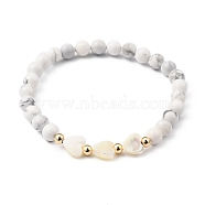 Stretch Beaded Bracelets, with Heart Natural Trochid Shell Beads, Round Natural Howlite Beads and Golden Plated Brass Beads, Inner Diameter: 2-1/8 inch(5.5cm)(BJEW-JB05403-03)