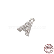 Real Platinum Plated Rhodium Plated 925 Sterling Silver Micro Pave Clear Cubic Zirconia Charms, Initial Letter, Letter A, 8.5x6x1mm, Hole: 0.9mm(STER-P054-10P-A)