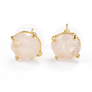 Natural Rose Quartz Stud Earrings, with Golden Tone Brass Findings, Faceted Flat Round, 11mm, Pin: 0.8mm(EJEW-L196-05F)