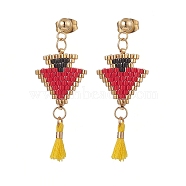 Glass Seed Braided Triangle with Cotton Tassel Dangle Stud Earrings, Golden 304 Stainless Steel Jewelry for Women, Red, 41mm, Pin: 0.8mm(EJEW-MZ00043)
