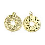 Brass Micro Pave Cubic Zirconia Pendants, with Jump Ring, Flat Round with Star Charm, Golden, 27x25x2mm, Hole: 2.5mm(KK-E068-VB431)