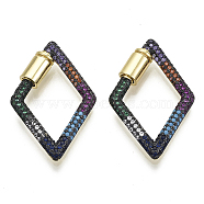 Brass Micro Pave Cubic Zirconia Screw Carabiner Lock Charms, for Necklaces Making, Rhombus, Nickel Free, Real 16K Gold Plated, Colorful, 32x21x3mm, Screw: 8x5mm(ZIRC-N039-005B-NF)