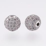 Long-Lasting Plated Brass Micro Pave Cubic Zirconia Beads, Round, Real Platinum Plated, 10mm, Hole: 1.5mm(ZIRC-F060-07P)