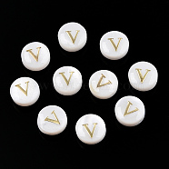Natural Freshwater Shell Beads, with Golden Plated Brass Etched Metal Embellishments, Flat Round with Letter, Letter V, 7.5~8x4~5mm, Hole: 0.8mm(SHEL-N036-01V)