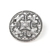 Tibetan Style Alloy Brooches, Flat Round with Knot, Antique Silver, 34x34x5mm(JEWB-O016-03A-AS)