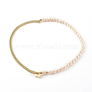 Brass Enamel Curb Chain Necklaces, with Round Natural Pearl Beads and Toggle Clasps, Real 18K Gold Plated, Light Sky Blue, 17.12 inch(43.5cm)(NJEW-JN03482-02)
