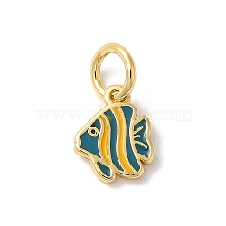 Rack Plating Brass Enamel Charms, with Jump Ring, Long-Lasting Plated, Cadmium Free & Lead Free, Fish Charm, Real 18K Gold Plated, Teal, 12x7x1mm, Hole: 3mm(KK-Z056-49G)