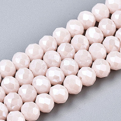 Electroplate Glass Beads Strands, Pearl Luster Plated, Faceted, Rondelle, Misty Rose, 8x6mm, Hole: 1~1.4mm, about 64~65pcs/strand, 40~41cm(EGLA-A044-P8mm-A33)